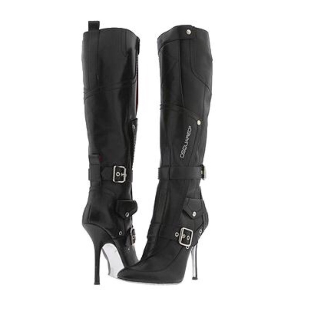 Auth DSQUARED2 Leather Motorcycle Knee High Boots